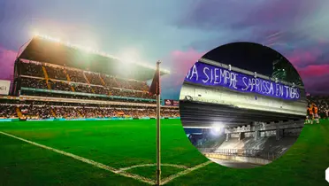 Estadio Ricardo Saprissa y la manta que colgaron los aficionados en Tibás