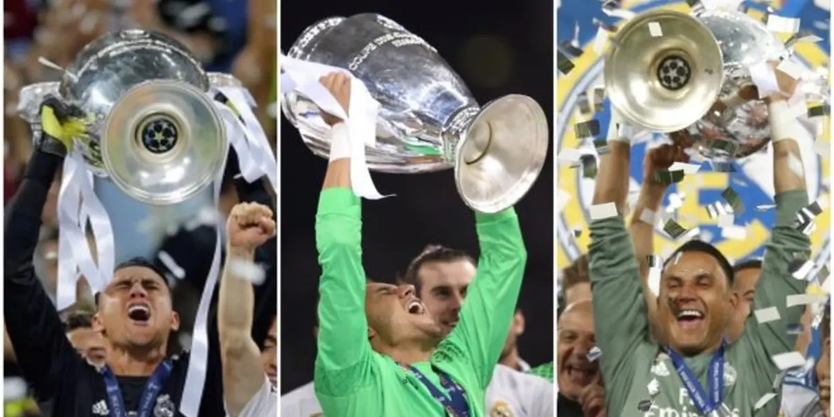 Keylor Navas levantando sus tres champions seguidas con el Real Madrid. Foto: Real Madrid.