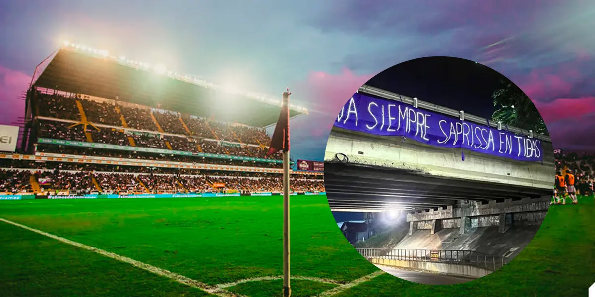 Estadio Ricardo Saprissa y la manta que colgaron los aficionados en Tibás