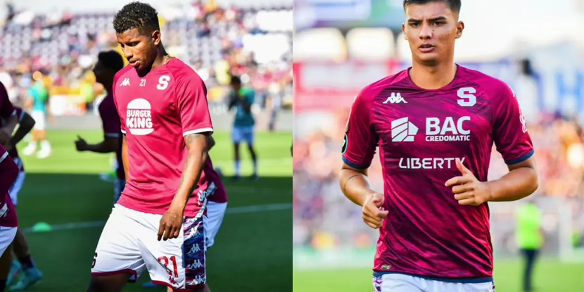 Fidel Escobar, jugador de Saprissa, al lado de Douglas Sequeira.