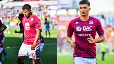 Fidel Escobar, jugador de Saprissa, al lado de Douglas Sequeira.