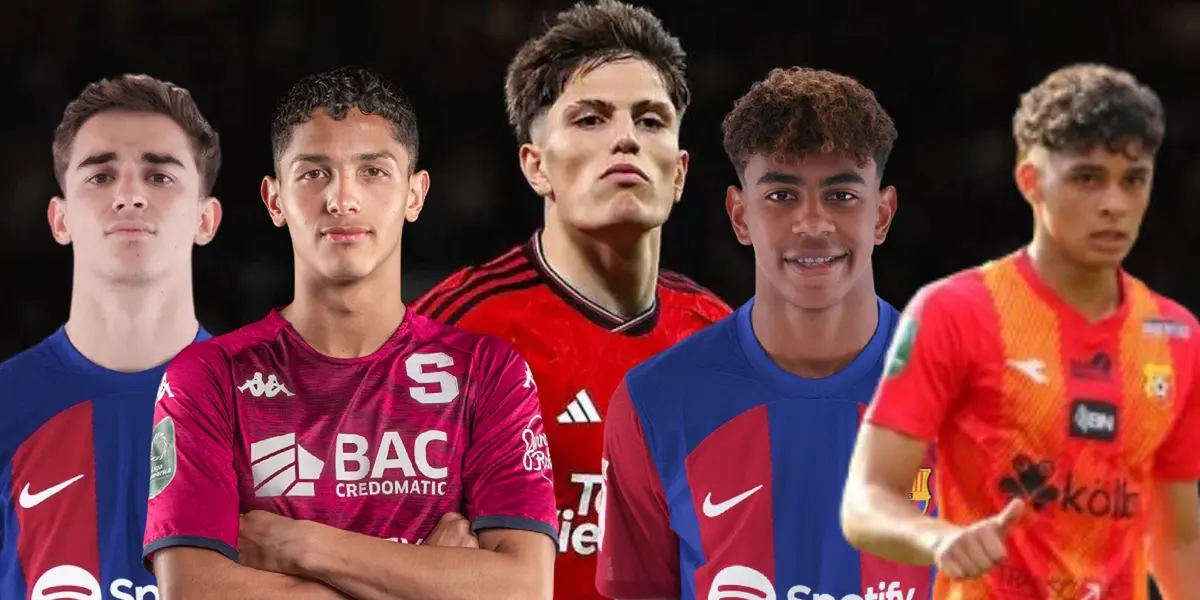 Gavi, Warren Madrigal, Garnacho, Yamal y Andy Rojas posando. Foto: FCB.