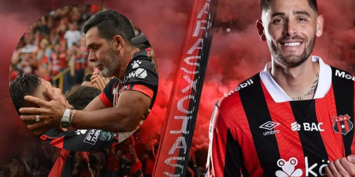 Jonathan Moya con Alajuelense, celebrando un gol con su padre. Foto: La República.