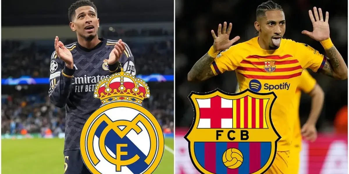 Jude Bellingham del Real Madrid y Raphinha del Barcelona. Foto: El Milenion.