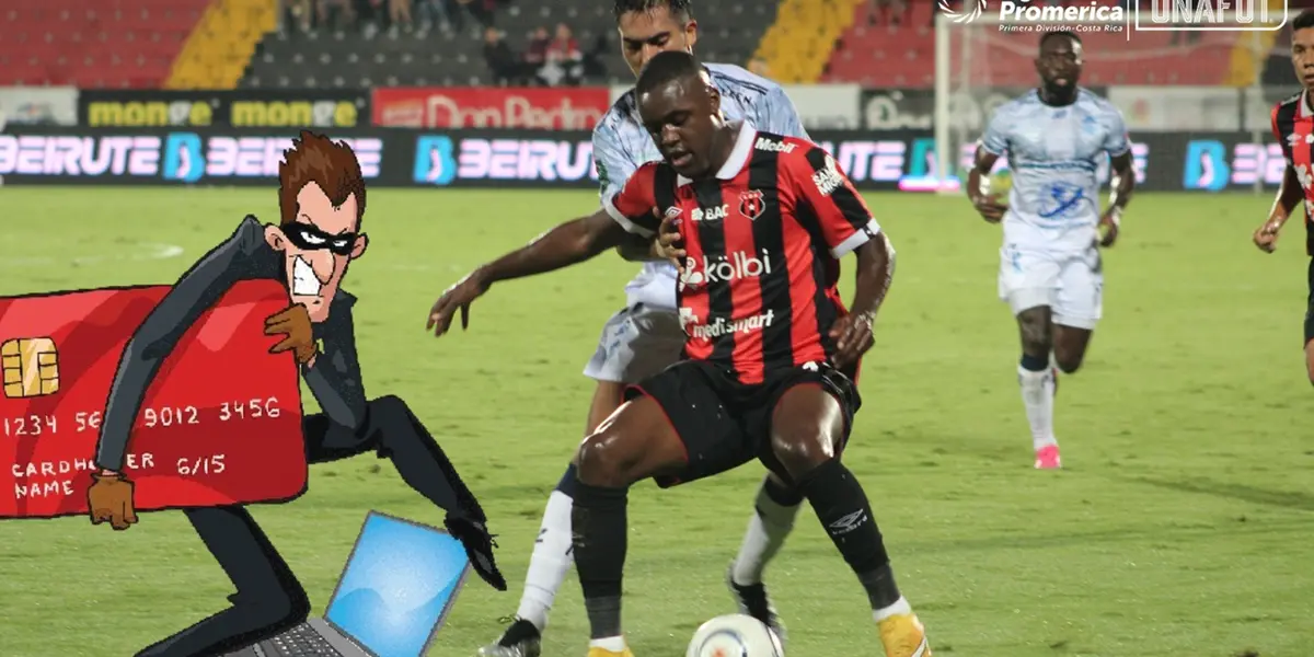 Jugador de Liga Deportiva Alajuelense con uno de Pérez Zeledón en partido con advertencia de estafas.