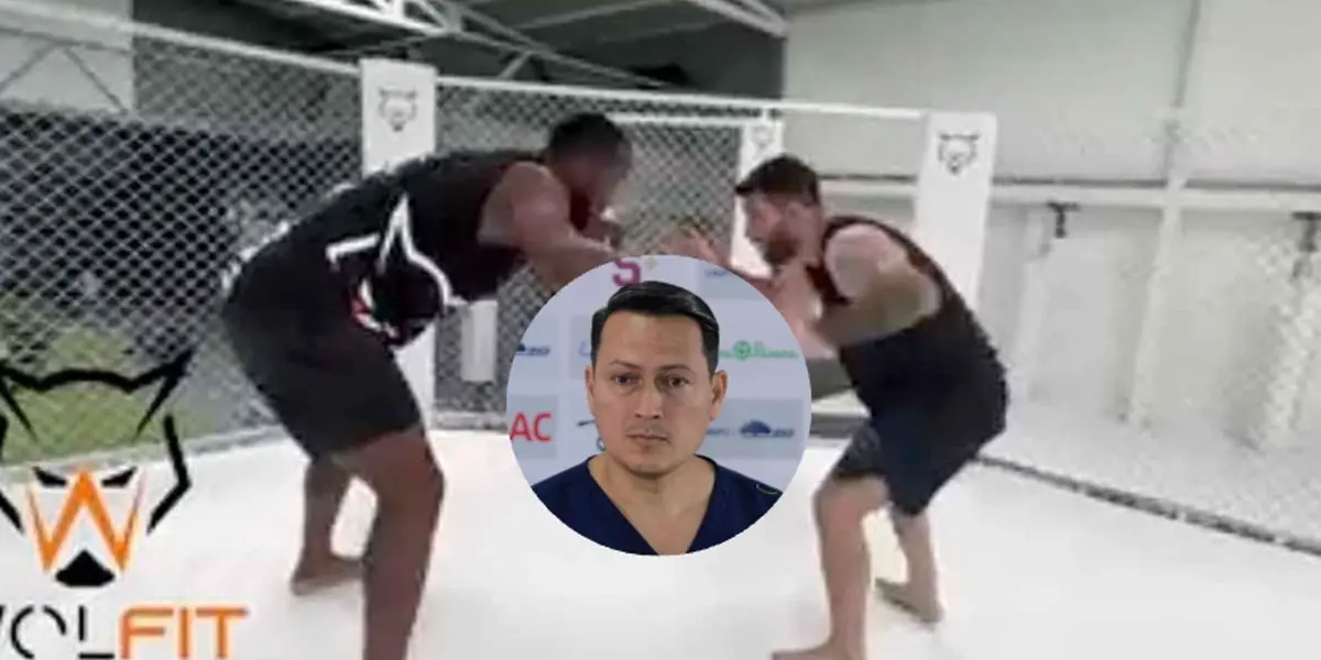 Kendall Waston practicando artes marciales mixtas y al, lado, el dóctor Esteban Campos, de Saprissa