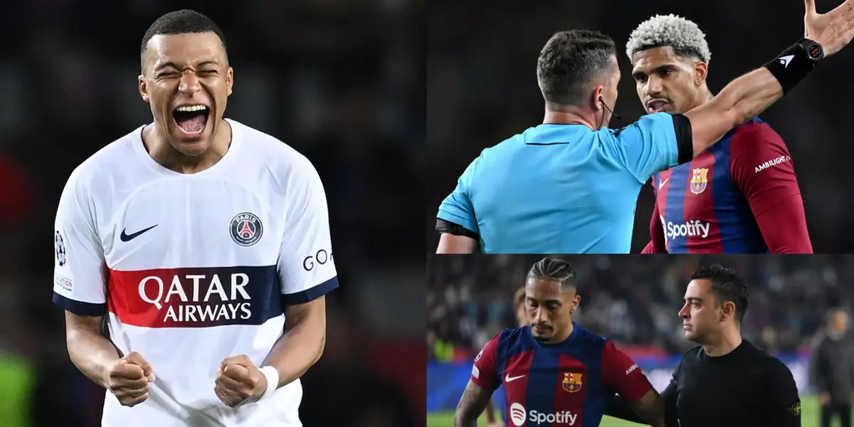 Mbappé, Xavi y Araujo en un partido de Champions Leauge. Foto: Reutters.
