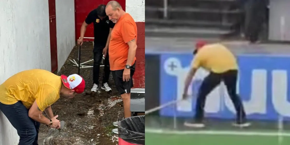 Presidente de fuerza Herediana se puso manos a la obra y ayudó a quitar el agua del estadio