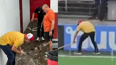 Presidente de fuerza Herediana se puso manos a la obra y ayudó a quitar el agua del estadio