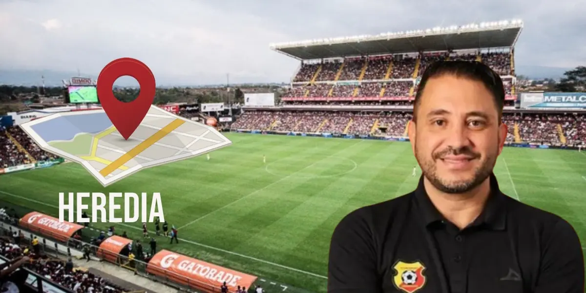 Roberth Garbanzo, gerente de Herediano y, al fonfo, el estadio Ricardo Saprissa. Foto: CSH